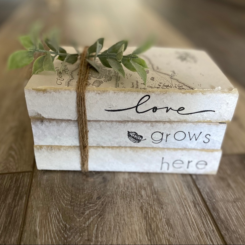 Farmhouse hand stamped book stack home decor
